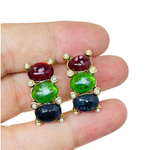 Load image into Gallery viewer, CAROLEE signed gold tone mogul glass ruby emerald sapphire clip on earrings
