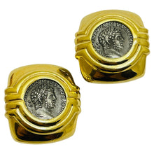 Load image into Gallery viewer, CAROLEE signed gold tone silver coin etruscan designer clip on earrings
