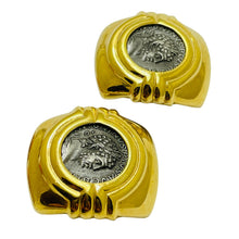 Load image into Gallery viewer, CAROLEE signed gold tone silver coin etruscan designer clip on earrings
