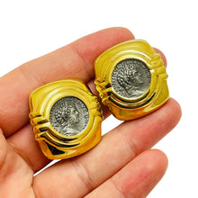 Load image into Gallery viewer, CAROLEE signed gold tone silver coin etruscan designer clip on earrings
