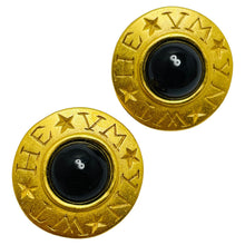 Load image into Gallery viewer, CAROLEE signed matte gold black cabochon designer clip on earrings
