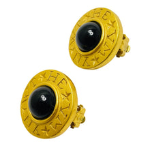 Load image into Gallery viewer, CAROLEE signed matte gold black cabochon designer clip on earrings
