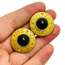Load image into Gallery viewer, CAROLEE signed matte gold black cabochon designer clip on earrings
