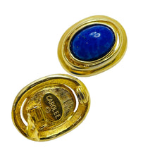 Load image into Gallery viewer, CAROLEE signed vintage gold faux lapis designer runway clip on earrings
