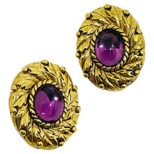 Load image into Gallery viewer, CAROLEE signed vintage gold tone amethyst glass designer clip on earrings
