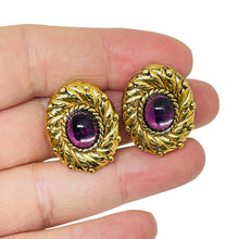 Load image into Gallery viewer, CAROLEE signed vintage gold tone amethyst glass designer clip on earrings
