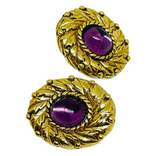 Load image into Gallery viewer, CAROLEE signed vintage gold tone amethyst glass designer clip on earrings
