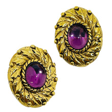 Load image into Gallery viewer, CAROLEE signed vintage gold tone amethyst glass designer clip on earrings

