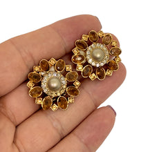 Load image into Gallery viewer, CAROLEE signed vintage gold tone rhinestone flowers designer clip on earrings
