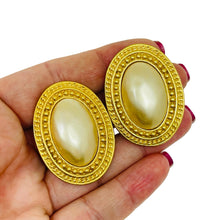 Load image into Gallery viewer, CAROLEE vintage gold tone faux pearls etruscan designer clip on earrings

