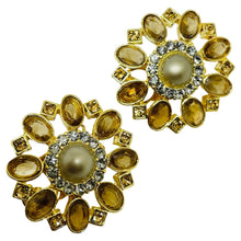 Load image into Gallery viewer, CAROLEE vintage gold tone pearl rhinestone flower designer clip on earrings
