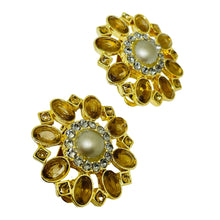 Load image into Gallery viewer, CAROLEE vintage gold tone pearl rhinestone flower designer clip on earrings
