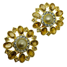 Load image into Gallery viewer, CAROLEE vintage gold tone pearl rhinestone flower designer clip on earrings
