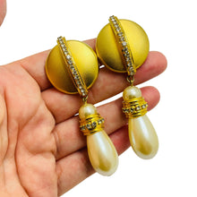 Load image into Gallery viewer, CIN USA  gold pearl rhinestone huge dangle designer runway clip on earrings
