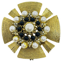 Load image into Gallery viewer, CRAFT signed vintage gold tone Maltese cross pearls black beads designer brooch
