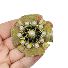 Load image into Gallery viewer, CRAFT signed vintage gold tone Maltese cross pearls black beads designer brooch
