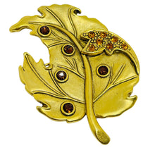 Load image into Gallery viewer, DANECRAFT signed gold tone rhinestones leaf designer brooch
