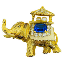 Load image into Gallery viewer, ERWIN PEARL signed vintage gold tone sapphire crystal elephant designer brooch
