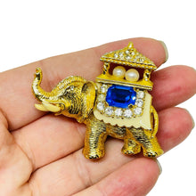 Load image into Gallery viewer, ERWIN PEARL signed vintage gold tone sapphire crystal elephant designer brooch
