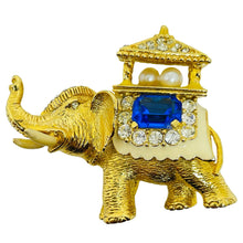 Load image into Gallery viewer, ERWIN PEARL signed vintage gold tone sapphire crystal elephant designer brooch
