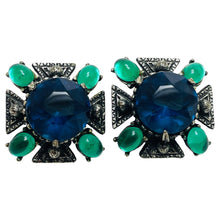 Load image into Gallery viewer, FLORENZA signed sapphire emerald glass maltese cross designer clip on earrings
