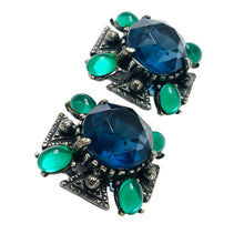 Load image into Gallery viewer, FLORENZA signed sapphire emerald glass maltese cross designer clip on earrings
