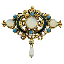Load image into Gallery viewer, FLORENZA signed vintage gold tone faux opal turquoise pearl enamel dangle brooch
