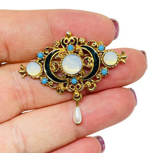 Load image into Gallery viewer, FLORENZA signed vintage gold tone faux opal turquoise pearl enamel dangle brooch
