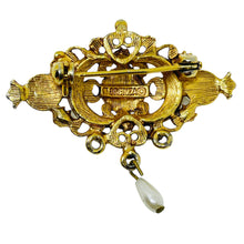 Load image into Gallery viewer, FLORENZA signed vintage gold tone faux opal turquoise pearl enamel dangle brooch
