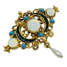 Load image into Gallery viewer, FLORENZA signed vintage gold tone faux opal turquoise pearl enamel dangle brooch
