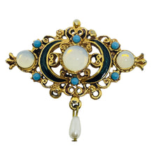 Load image into Gallery viewer, FLORENZA signed vintage gold tone faux opal turquoise pearl enamel dangle brooch
