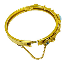 Load image into Gallery viewer, FLORENZA signed vintage gold tone faux turquoise topaz designer bangle bracelet
