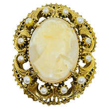 Load image into Gallery viewer, FLORENZA signed vintage gold tone glass cameo pearls designer brooch
