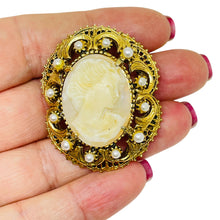 Load image into Gallery viewer, FLORENZA signed vintage gold tone glass cameo pearls designer brooch
