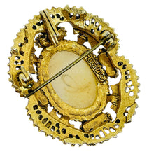 Load image into Gallery viewer, FLORENZA signed vintage gold tone glass cameo pearls designer brooch
