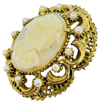 Load image into Gallery viewer, FLORENZA signed vintage gold tone glass cameo pearls designer brooch
