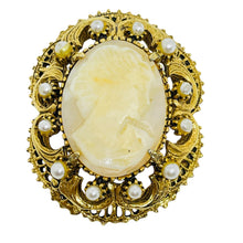 Load image into Gallery viewer, FLORENZA signed vintage gold tone glass cameo pearls designer brooch
