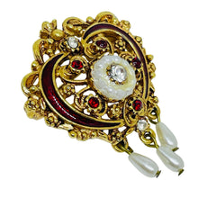 Load image into Gallery viewer, FLORENZA signed vintage gold tone rhinestone enamel pearls designer brooch
