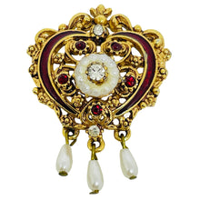 Load image into Gallery viewer, FLORENZA signed vintage gold tone rhinestone enamel pearls designer brooch
