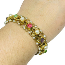 Load image into Gallery viewer, FLORENZA vintage gold tone jewel cabs glass pearls chain designer bracelet
