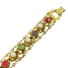 Load image into Gallery viewer, FLORENZA vintage gold tone jewel cabs glass pearls chain designer bracelet
