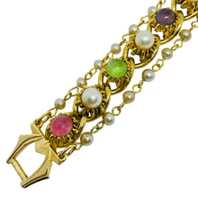 Load image into Gallery viewer, FLORENZA vintage gold tone jewel cabs glass pearls chain designer bracelet
