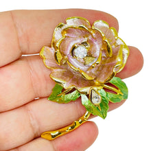 Load image into Gallery viewer, GRAZIANO England's Rose 97 vintage gold rhinestones enamel rose designer brooch
