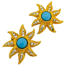Load image into Gallery viewer, GRAZIANO signed vintage gold tone faux turquoise star designer clip on earrings
