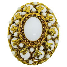 Load image into Gallery viewer, HAR signed vintage gold tone white milk glass cabochons designer brooch
