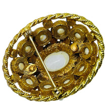 Load image into Gallery viewer, HAR signed vintage gold tone white milk glass cabochons designer brooch
