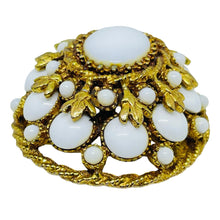 Load image into Gallery viewer, HAR signed vintage gold tone white milk glass cabochons designer brooch
