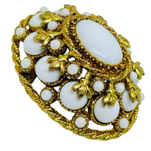 Load image into Gallery viewer, HAR signed vintage gold tone white milk glass cabochons designer brooch
