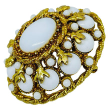 Load image into Gallery viewer, HAR signed vintage gold tone white milk glass cabochons designer brooch
