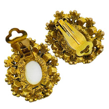 Load image into Gallery viewer, HAR signed vintage gold tone white milk glass cabochons designer clip earrings
